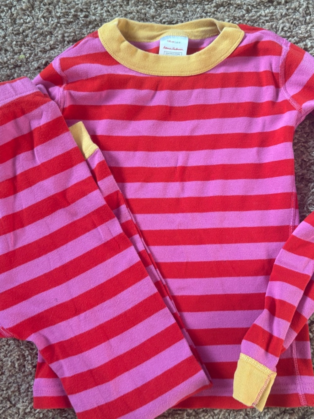 Hanna Andersson Pink & Red Striped Long Sleeve Top with Yellow Trim